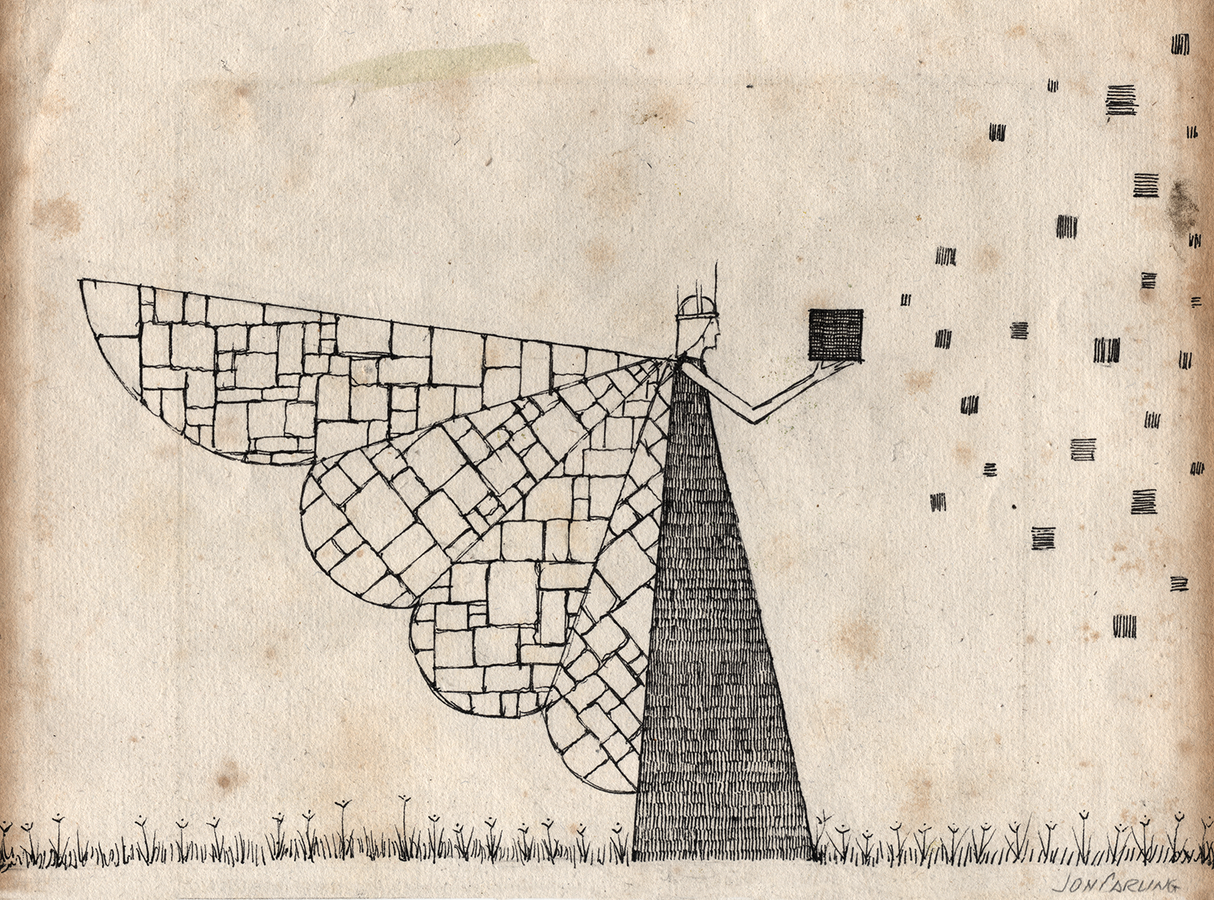 Stone Wings is a mythical and folkloric detailed graphite, pen and ink drawing on found antique paper (reverse side of an antique map) by artist Jon Carling. "Grounded by the weight of her wings. Sending messages to a friend far away." ~ Jon Carling