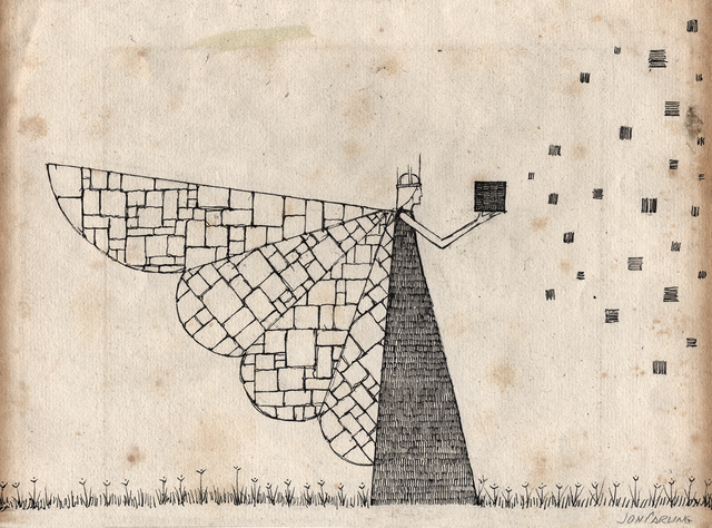 Stone Wings is a mythical and folkloric detailed graphite, pen and ink drawing on found antique paper (reverse side of an antique map) by artist Jon Carling. "Grounded by the weight of her wings. Sending messages to a friend far away." ~ Jon Carling