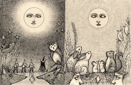 Night and Day is a charming and whimsical detailed pen and ink drawing diptych on found paper by artist Jon Carling.