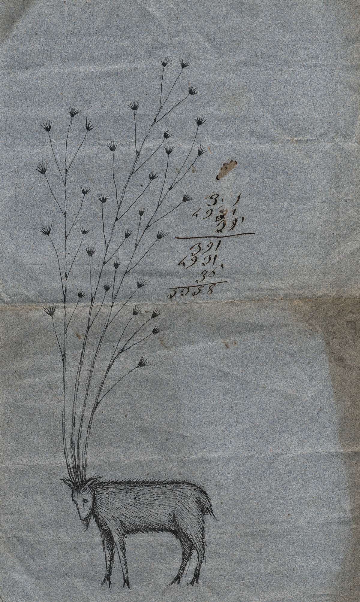 The Magic Goat is a pen and ink drawing by artist Jon Carling on a found 1856 Italian tax document.