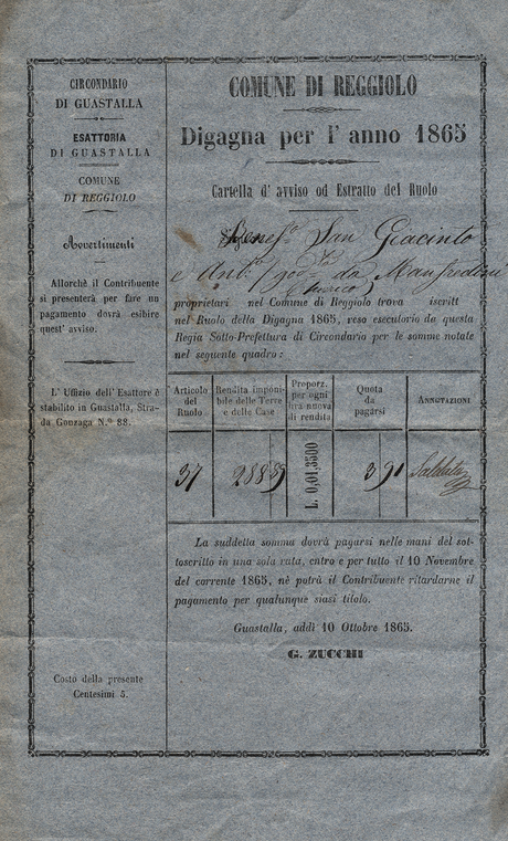 The Magic Goat is a pen and ink drawing by artist Jon Carling on a found 1856 Italian tax document. This is the back side.