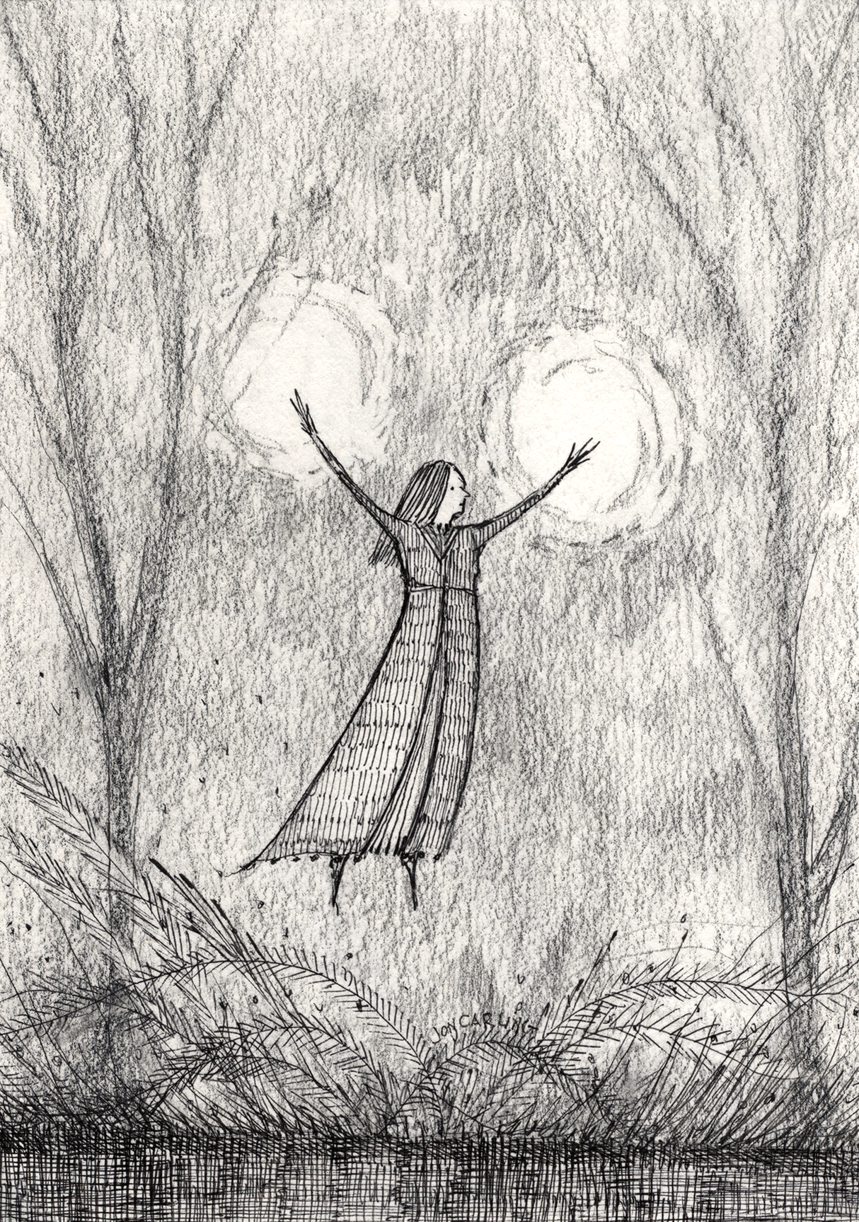 Forest Spell is a pen and ink drawing on found paper by artist Jon Carling. "Another burst of sparks spiraled from her fingertips. She could now conjure the spell on command!