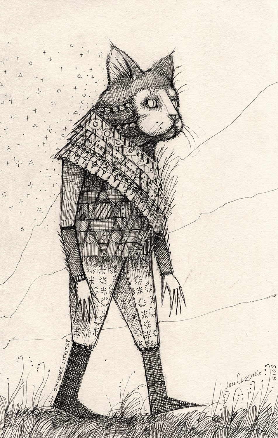 An Obscure Lifestyle is a whimsical, heavily detailed pen and ink drawing on found cotton paper by artist Jon Carling. "I hardly speak these days. Most conversations begin and end in thoughts and memories. Taking frequent walks listening for birds."