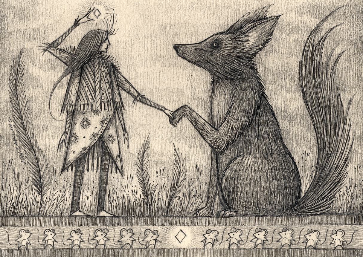 The Handshake is a magical, heavily detailed pen and ink drawing on found cotton paper by artist Jon Carling. "Her companion fulfilled his promise and he was rewarded with the ability to speak." ~ Jon Carling