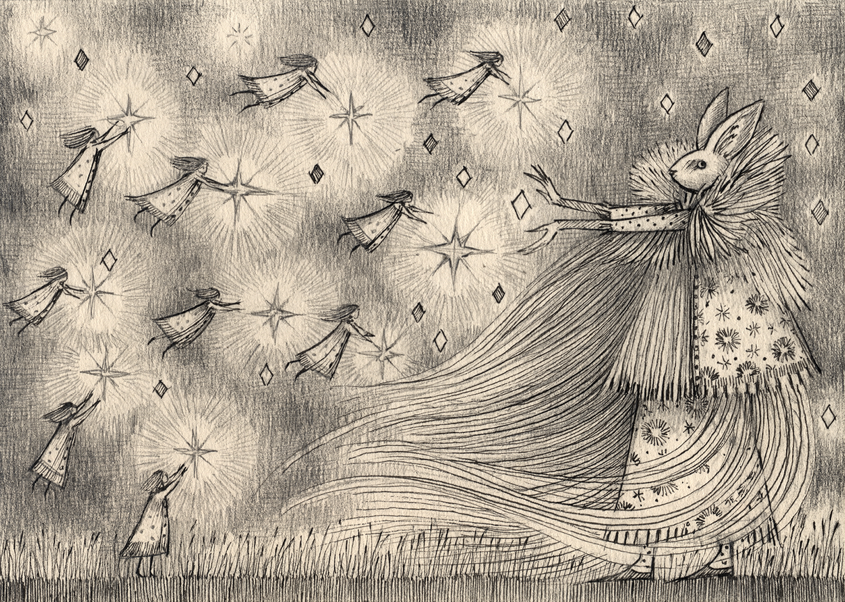 Stars and Sprites is a mythical and magical heavily detailed pen and ink drawing on found cotton paper by artist Jon Carling. "The display of power by the sprites impressed the magician. She replied with a peaceful spark." ~ Jon Carling