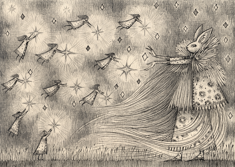 Stars and Sprites is a mythical and magical heavily detailed pen and ink drawing on found cotton paper by artist Jon Carling. "The display of power by the sprites impressed the magician. She replied with a peaceful spark." ~ Jon Carling
