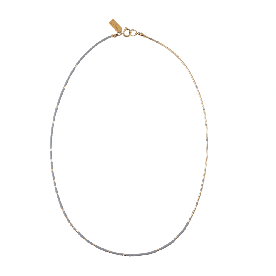 Beaded necklace by Abacus Row in Mist with bluish grey Japanese Glass Beads and Gold Filled Beads