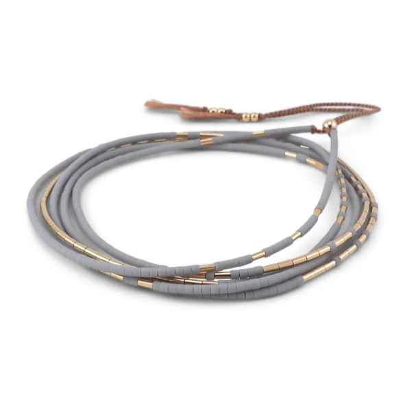 Abacus Row Neso Wrap Bracelet for Layers or Long Necklace with Gold Filled Beads and Light Grey Glass Japanese Beads
