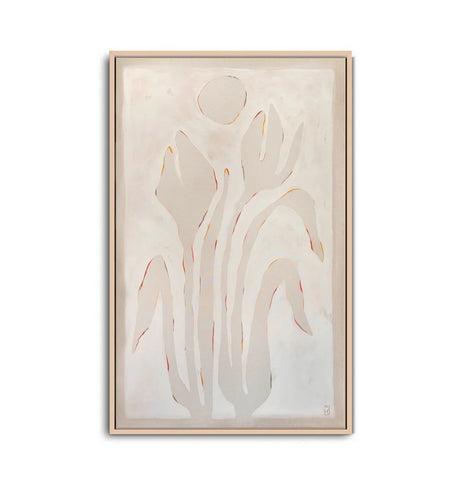 Abstract painting of a tulip in neutral tones painted with earth pigments and with highlights of bright color