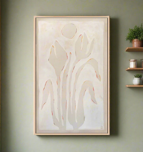 Abstract painting of a tulip in neutral tones painted with earth pigments and with highlights of bright color, hung on a sage colored wall with wood shelves