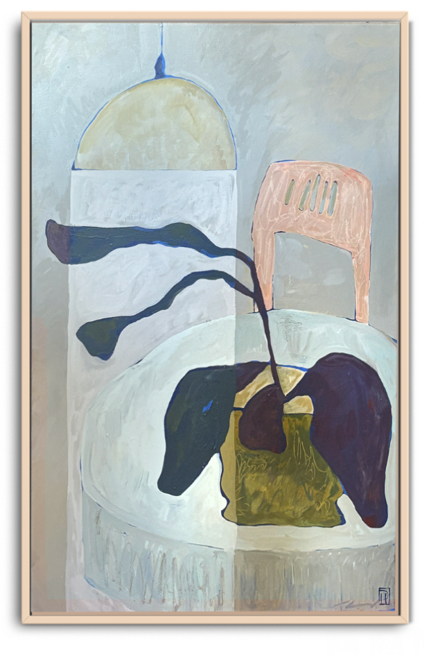 In her still life painting A Room That Thinks, Danielle Hutchens incorporates forms that echo the organic setting around her, with a plant in a ceramic pot, a nod to her own ceramics practice. We love the rays from the hanging lamp casting light on the table.