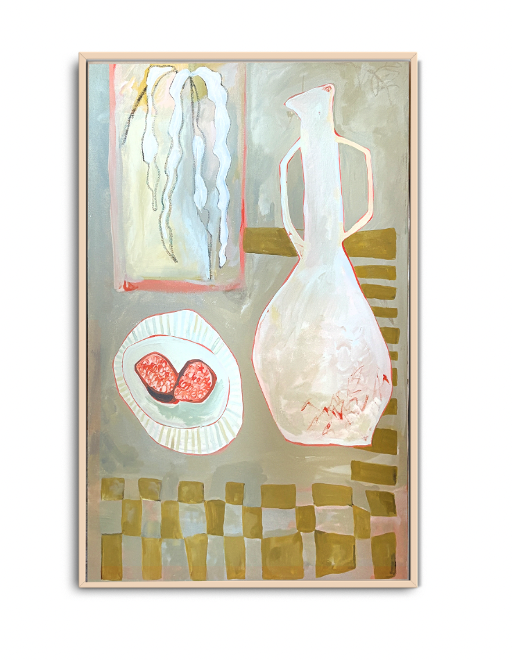 In her still life painting Sun Offering, Danielle Hutchens incorporates forms that echo the organic setting around her, including a nod to her ceramics practice with a pitcher and bowl