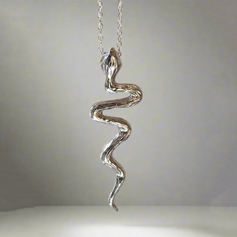 Silver snake-shaped pendant on a chain against a neutral background. Snake Necklace for the Year of the Snake Representing Transformation