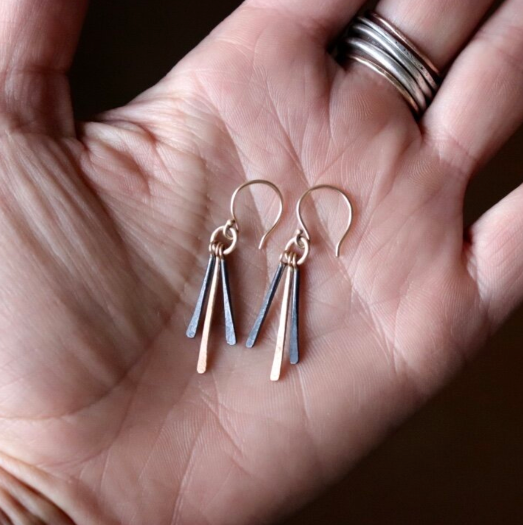 Whisper movement in Esther Metals Whisper Earrings in 14kt Gold and Oxidized Sterling Silver