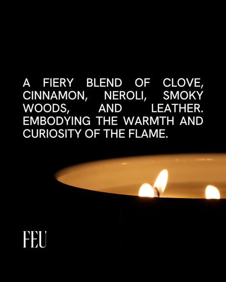 Feu Candle by Free Yourself is a fiery blend of clove, cinnamon, neroli, smoky woods and leather.