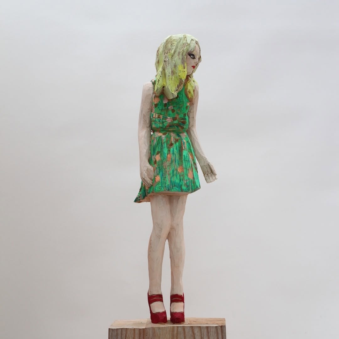 Another view of Monet wood carved female figure by Hideki Iinuma, Japanese artist.