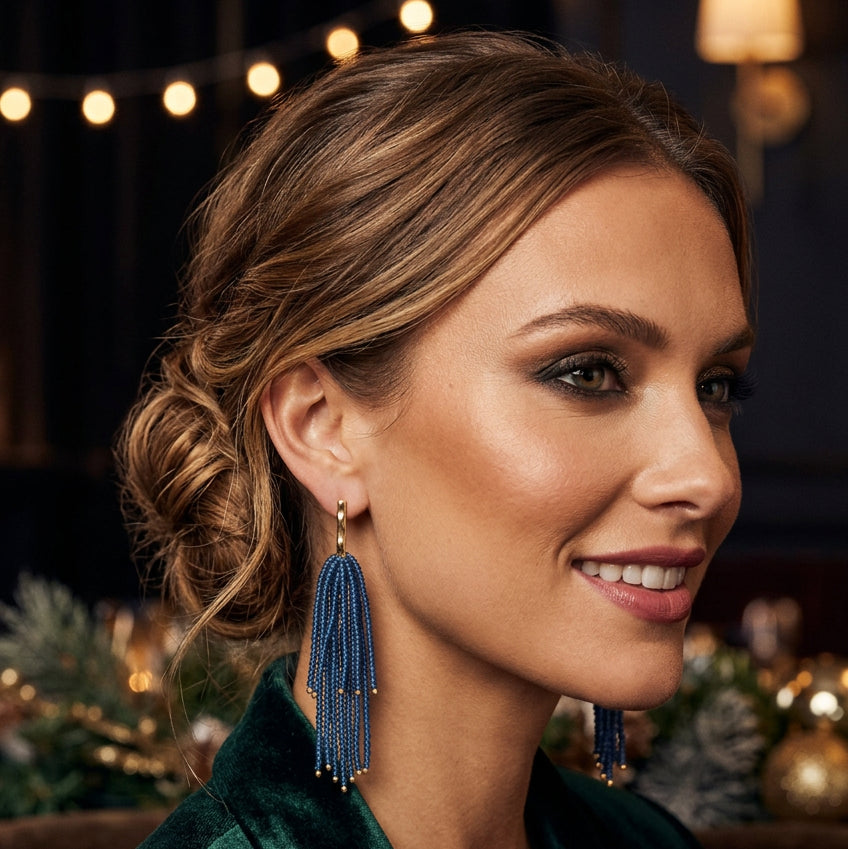 Beaded Chandelier Tiered and Dangle Earrings in a Rich Blue for Holiday Style