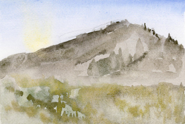 In the watercolor painting Winter Light Blinds My Eye, Ilysa Leder captures the fleeting moments that occur within time and topography. 