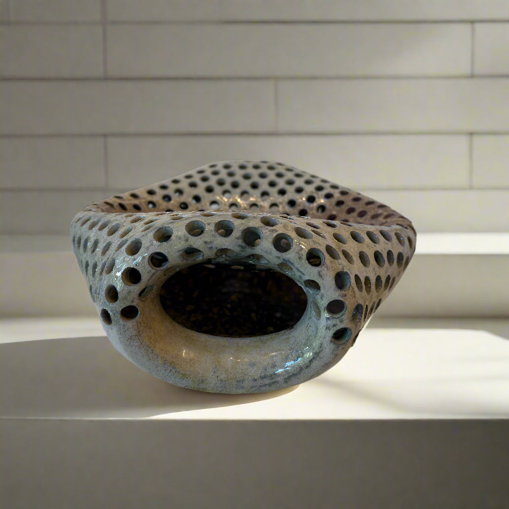 Ceramic basin bowl with holes for flowers, air flow for fruit, ice drainage or decorative