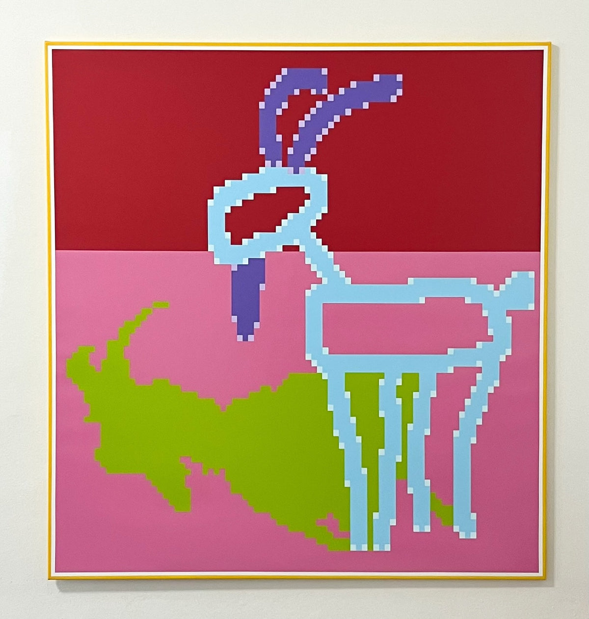 Jiri Mayer Moroccan Mirage Painting with a Goat in Shadow. His inspiration is Microsoft Paint Pixels, incorporating the digital reference with exacting painted brush strokes.