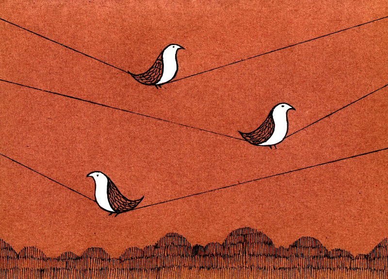 Three birds perched on wires against an orange background with a black line drawing of mountains at the bottom.