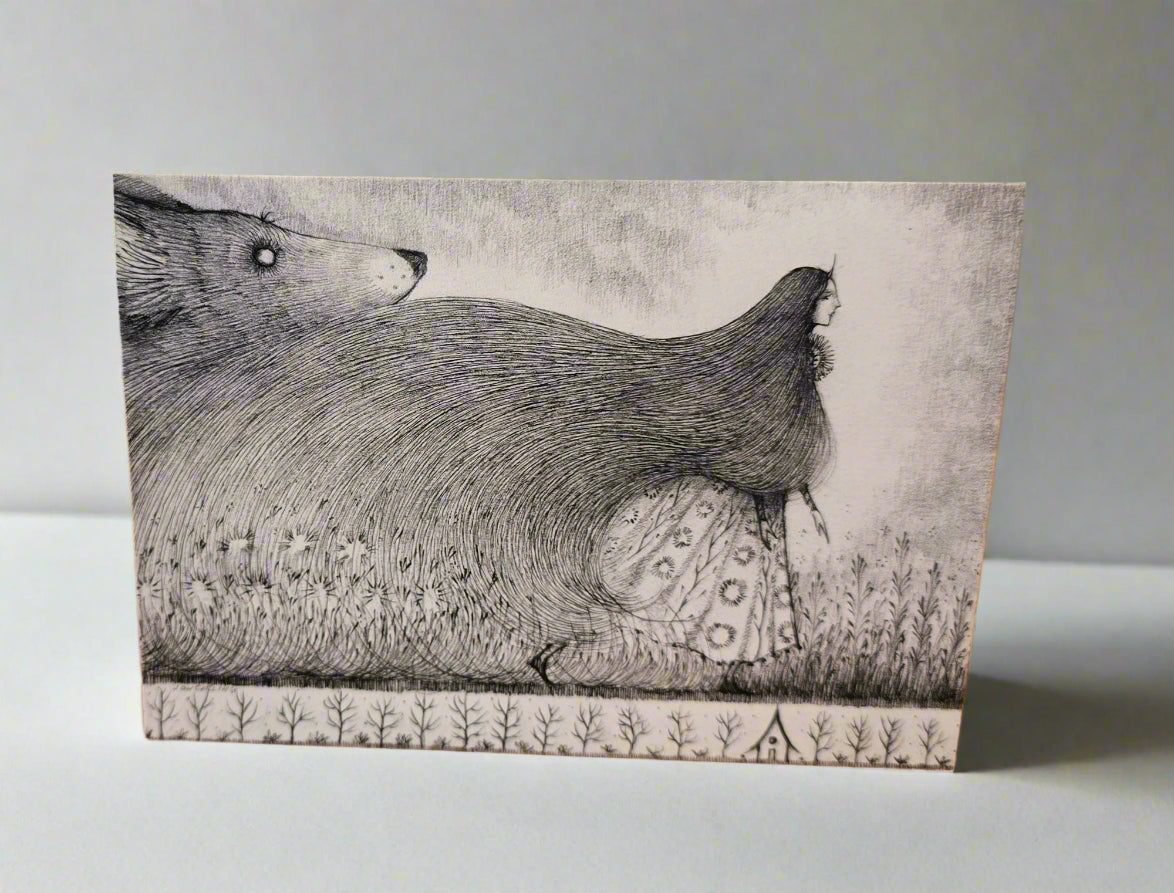 Illustration of a bear and a woman walking amongst flowers