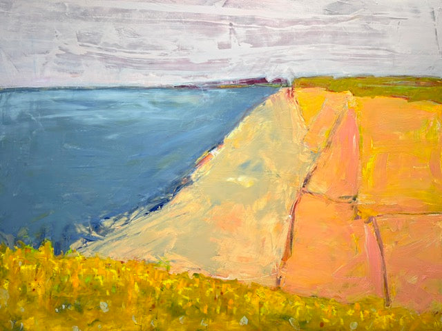 Painting of a landscape with topographical markings and blue waters