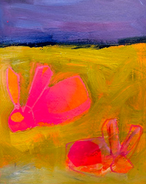 Pink Bunnies. An abstract with a two bright pink rabbits in a color field background in a tones of pink, lime and purple by San Francisco painter Jon Vohr.