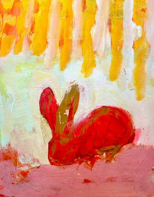 Red Rabbit. An abstract with a red bunny  in a tones of red, orange, lime and pink by San Francisco painter Jon Vohr.