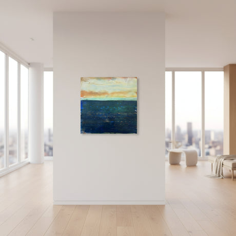 Abstract painting of a water scene with a horizon line and sunlit sky.