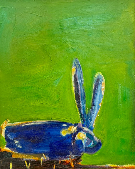 Blue Rabbit. An abstract with a two bright pink rabbits in a color field background in a tones of pink, lime and purple by San Francisco painter Jon Vohr.