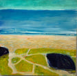 Abstract painting in a tones of blues and greens of the land, ocean and sky by San Francisco painter Jon Vohr.