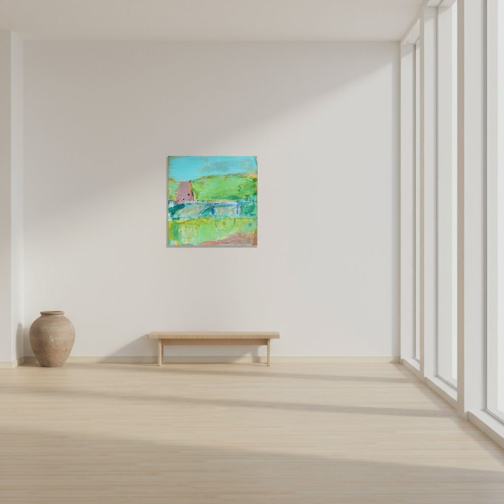 Room interior with a colorful abstract landscape painting on the wall, a bench and a vase.