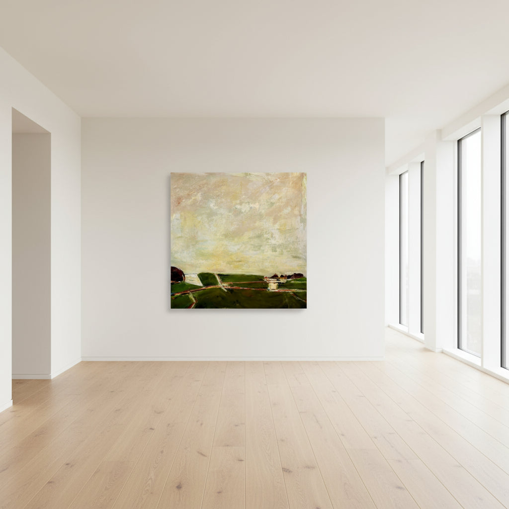 Abstract landscape painting with green fields and a yellow sky.