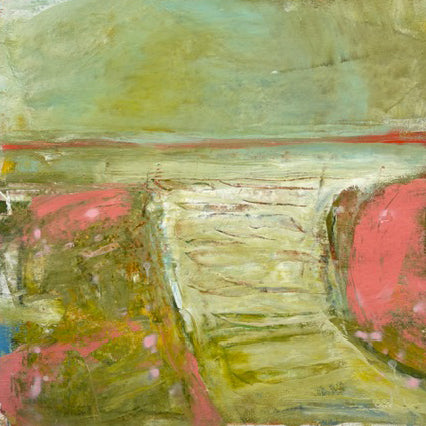 Sea Breath by San Francisco painter Jon Vohr in a color field of pinks rich greens and sea foam green. Jon Vohr's series Echos of Now are interpretations of topography and texture of farmlands, valleys, hills and a fave of ours, bunnies.