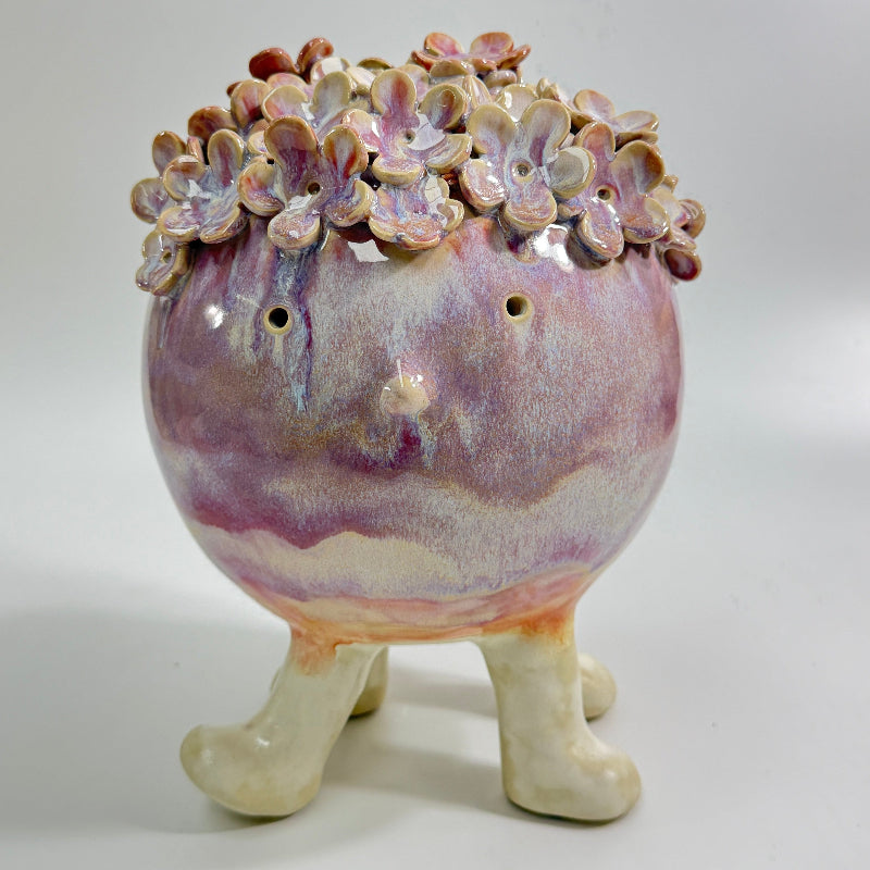 4 Legged Flower Monster Ceramic Sculpture in iridescent lavender Mist Glaze