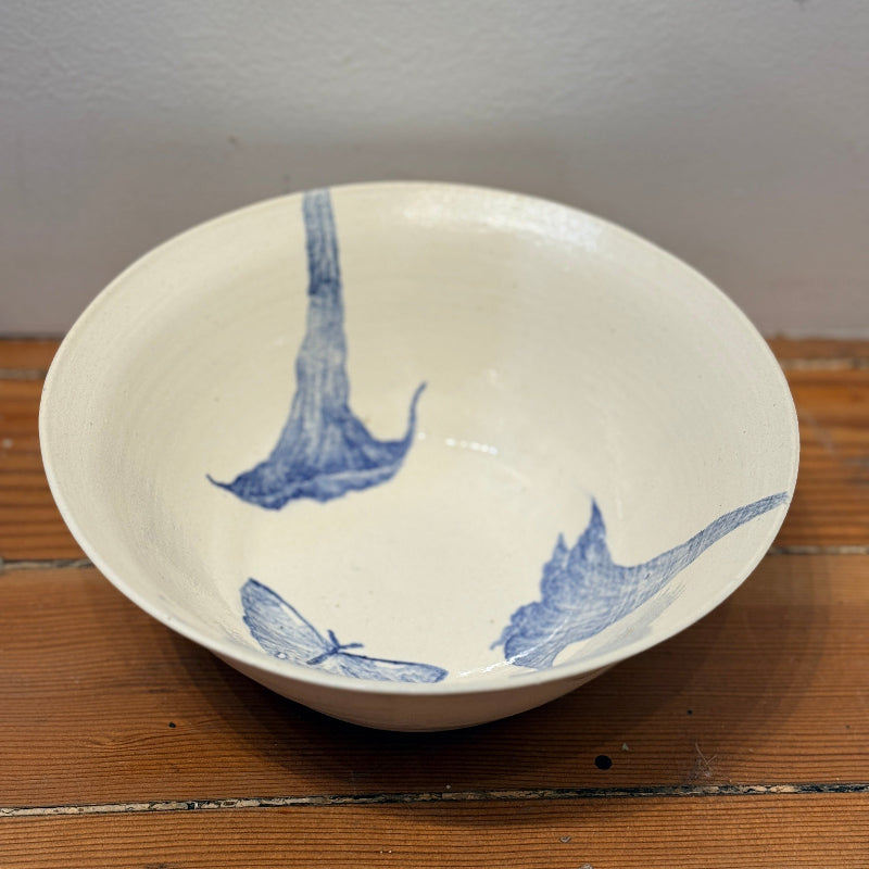 Ceramic eating or serving bowl with blue watercolor painting of trumpet flowers and its pollinating moth.
