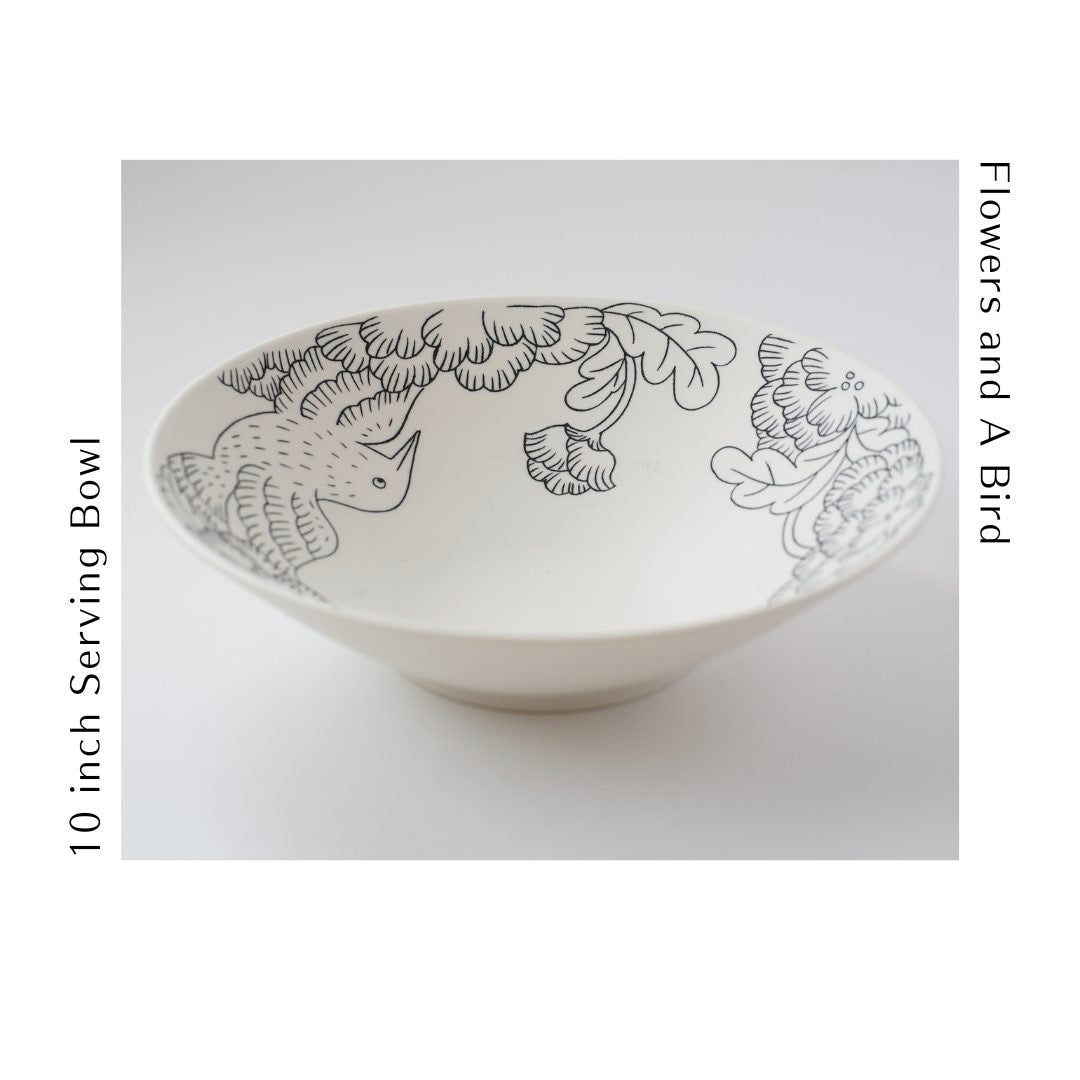 Kikuko Kohno / Ceramics / 10 Inch Bowl / Flowers and Bird