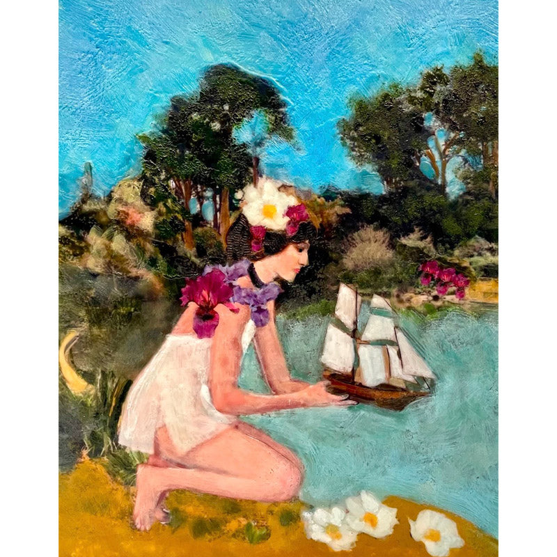 Linda pulls from the 20's and 30's, anything French and locations in the San Francisco Bay Area in this Encaustic Mixed Media series, Floral Follies. We love this scene from Spreckles lake in Golden Gate Park where miniature model motorized and sail boats are launched. 