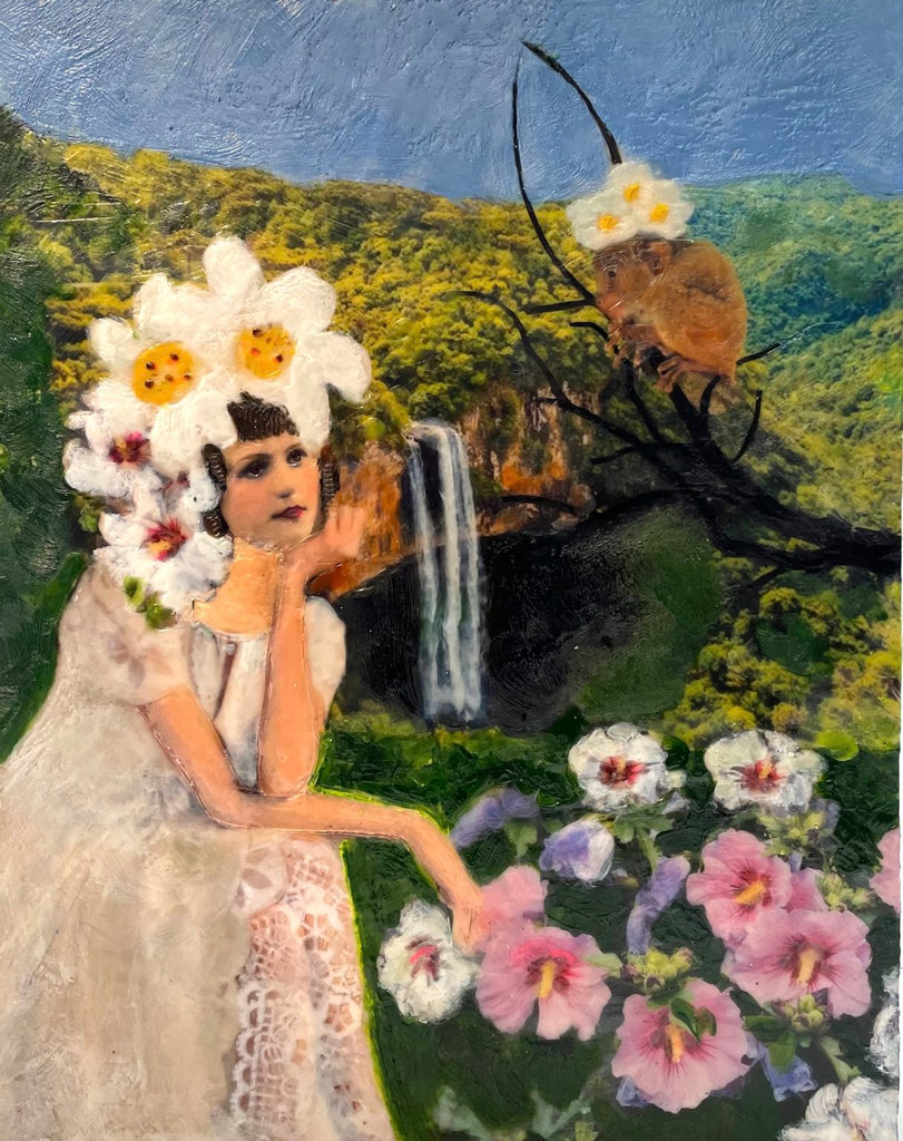 Mixed Media Encaustic Painting by Linda Benenati of the San Francisco Bay Area. This scene is a jungle with a Jane sitting at a waterfall with a small monkey.