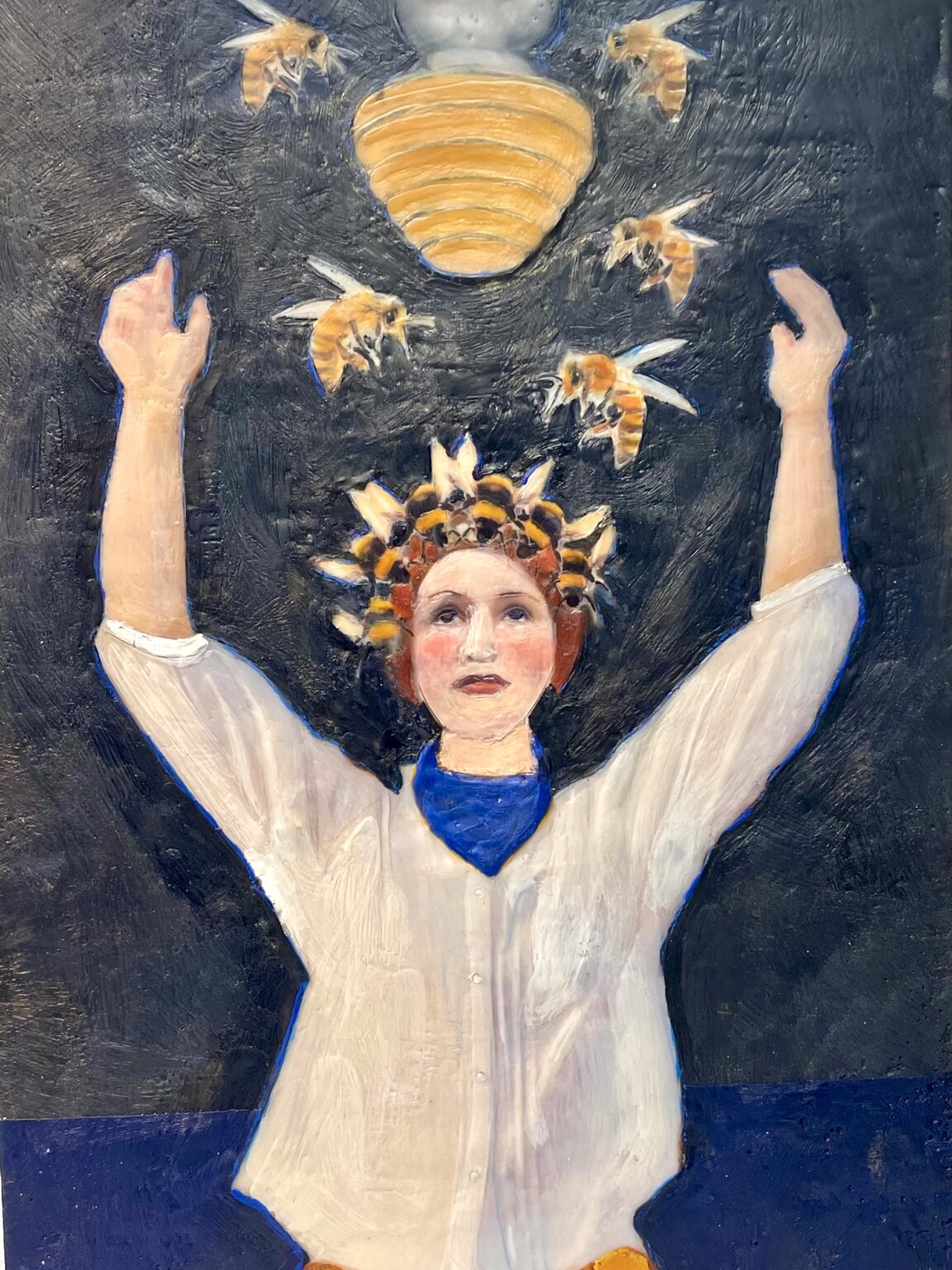 Encaustic painting of a person wearing a honeycomb headpiece with bees around, against a dark background.