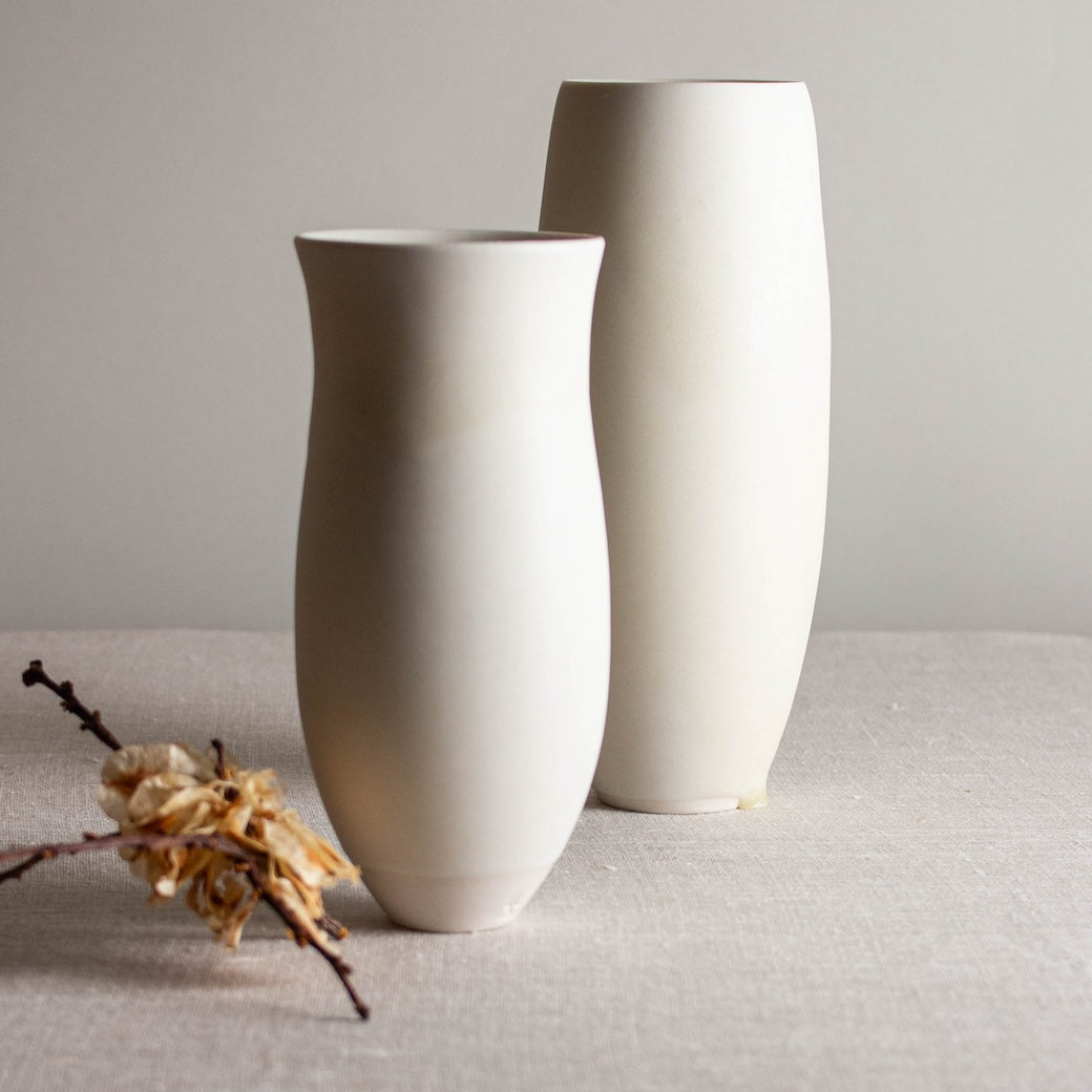 One of a kind white crystalline matte porcelain objects are mid-century Scandinavian inspired by Lisa Fleming.