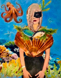 Encaustic Collage of a women with an octopus, fish, and shell against a blue underwater background.
