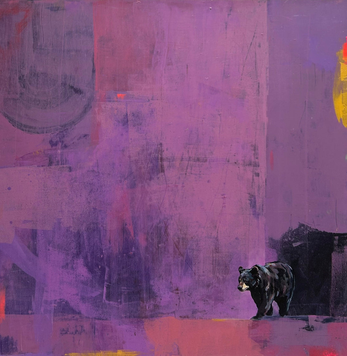 Emergence. A bear emerging from the color field landscape. Artist Michael McConnell creates relationships within the color palette, taking interest in how colors can provoke a mood, a feeling, or a sense of place.