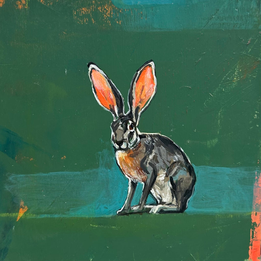 This bunny is all ears. Acrylic on wood painting of a hare or bunny rabbit by San Francisco artist Michael McConnell.