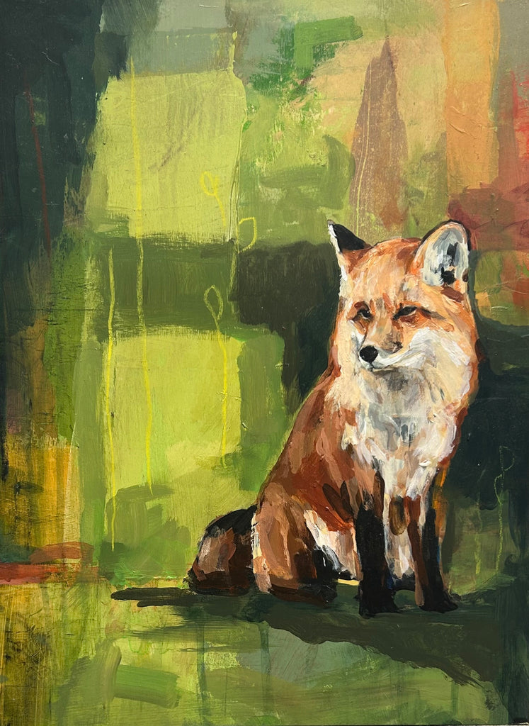 Dappled in Sunlight by Michael McConnell. A fox painting in a loose abstracted background that implies a sense of space or environment for the subject to reside in.