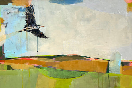 Flight of the Heron. A coastal California scene with a heron, depicted in a loose abstracted background that implies a sense of space or environment for the subject matter to reside in.