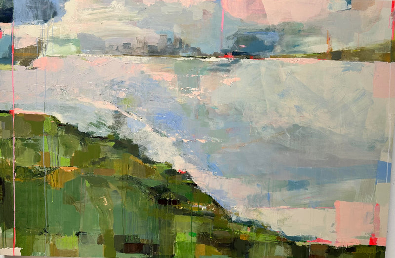 From Both Sides Now is a captivating San Francisco-Marin abstract landscape giving hints of the San Francisco skyline from the mountains of Marin. With a mix of green, blue, and pink colors.