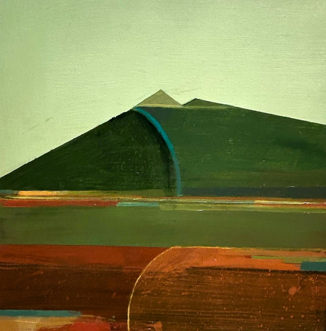 Abstract painting with geometric mountain shapes inshades of green, brown and yellow