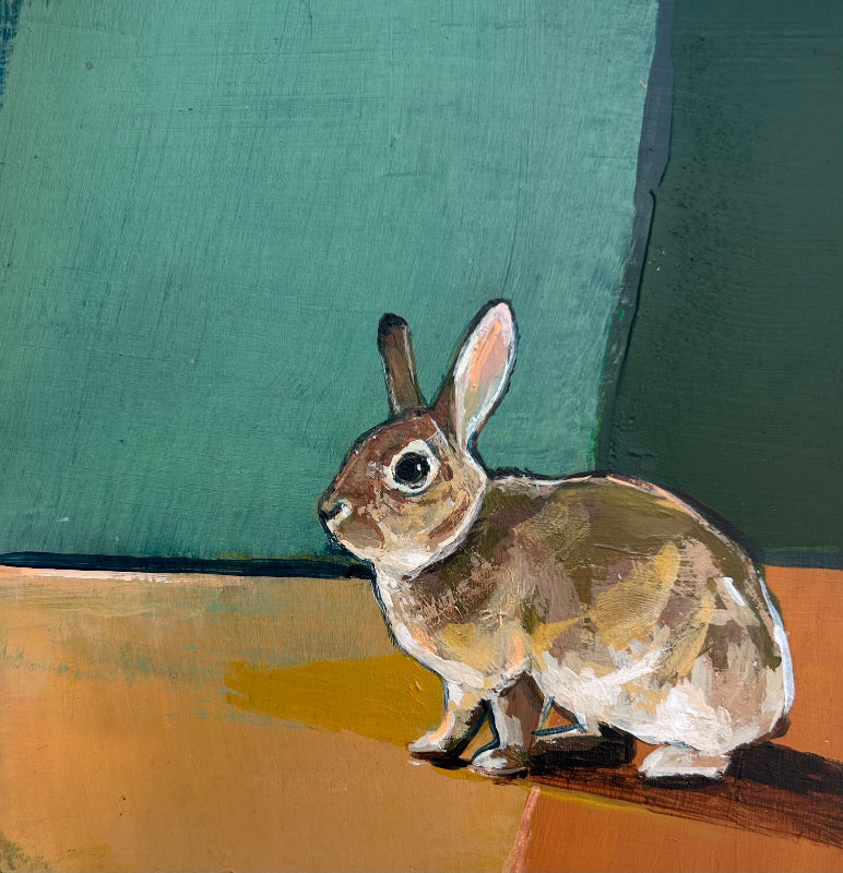 Abstract artist Michael McConnell rabbit painting on a color field background